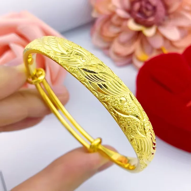 9999 Real Gold 24K Thickened Weighted Frosted 10n Wedding Dragon and Phoenix Printing Push-pull 999 Bracelet Women's