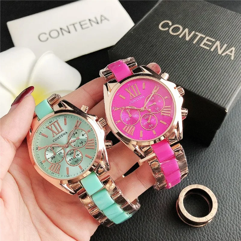 CONTENA Luxury Women's Quartz Watch Fashion Two Tone Stainless Steel Band Chronograph Ladies Wristwatch Clock Gift Reloj Mujer