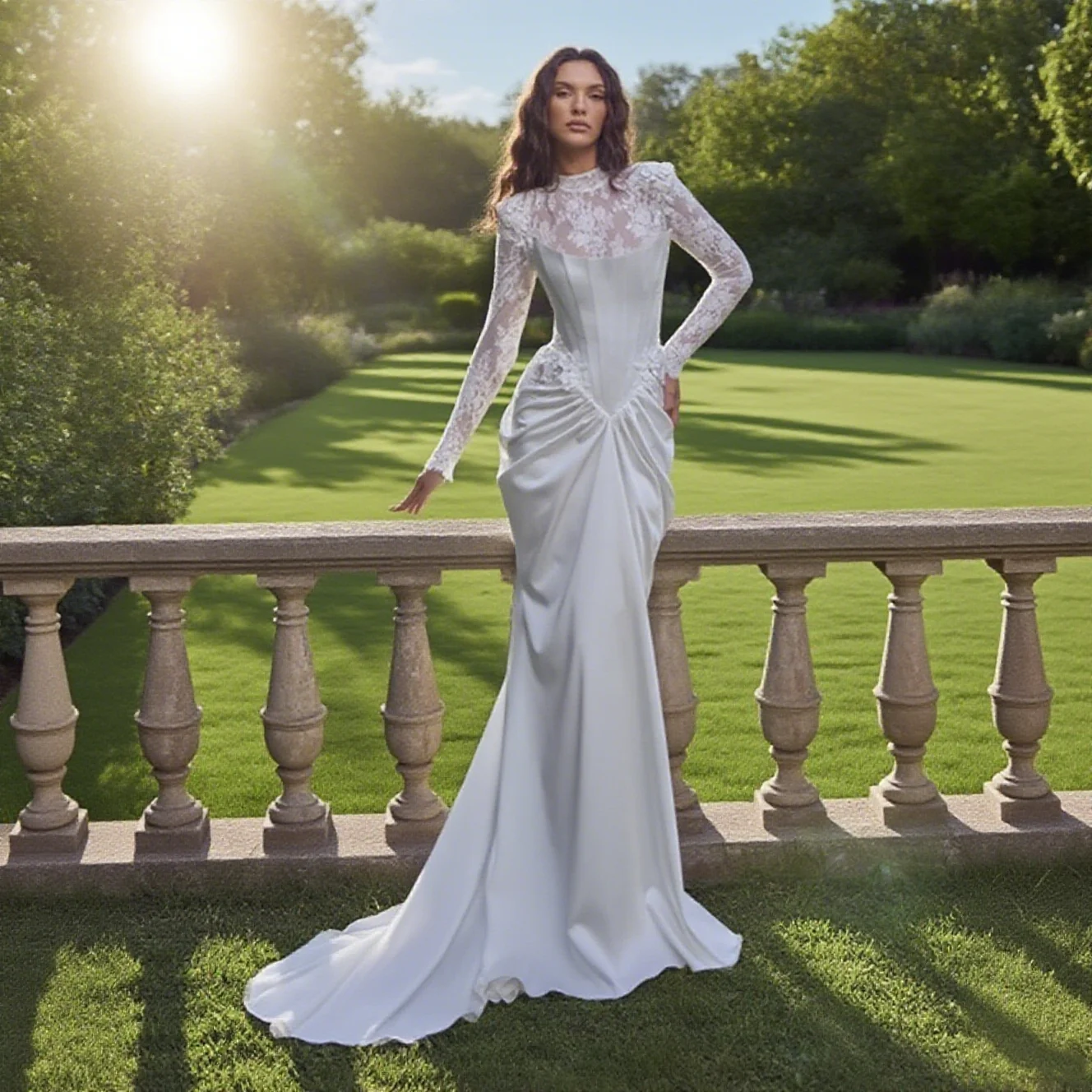

Customized Satin Wedding Dress with Boat Neck Long Lace Sleeves Trumpet Silhouette Ties Back Floor Length Sweep Train for Bride