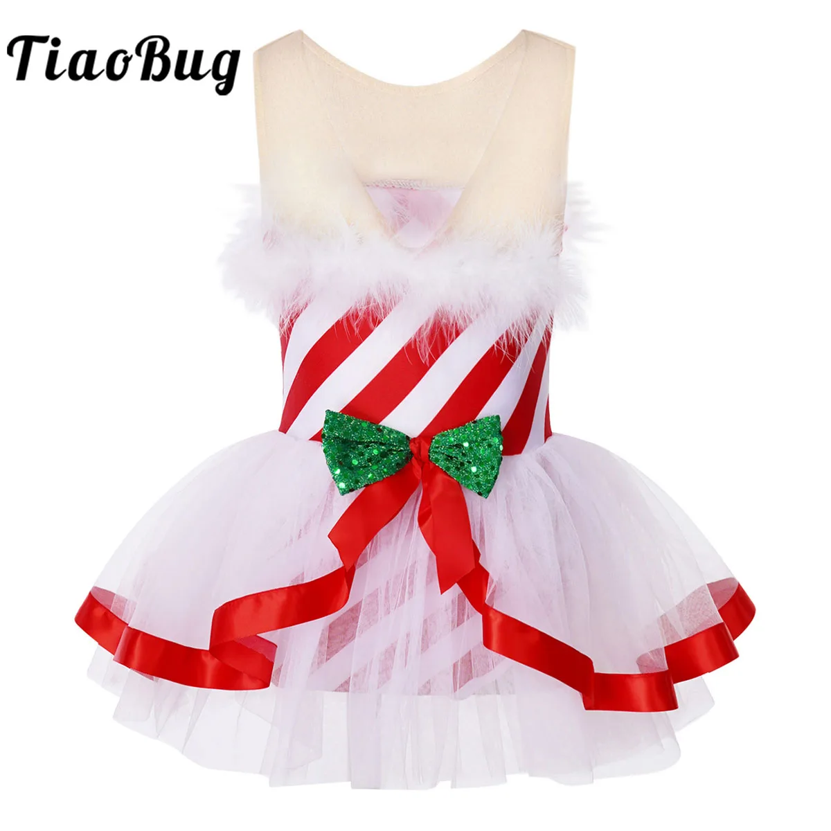 Kids Girls Candy Cane Christmas Costume Pageant Party Fluffy Stripe Ballet Dance Figure Ice Skating Tutu Dress Leotard Dancewear