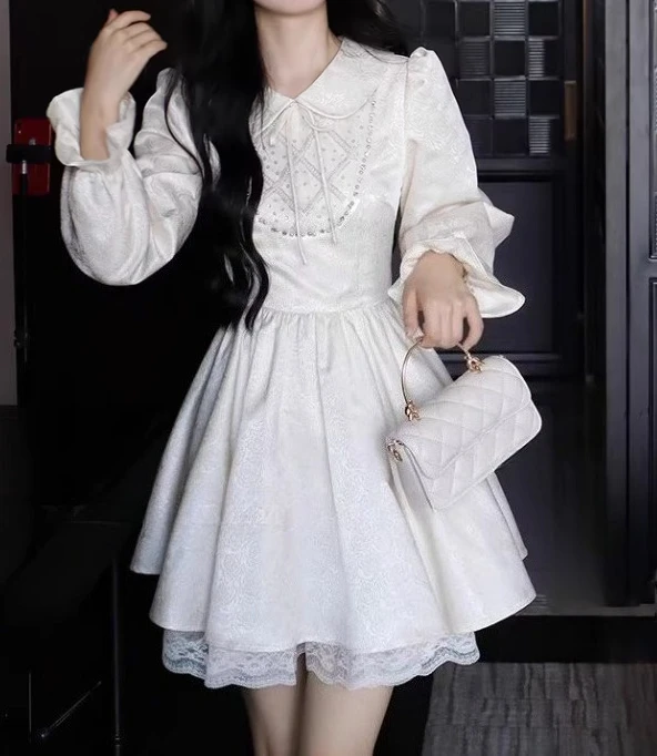 Lente Herfst Zoete Peter Pan Kraag Lange Mouw Prinses Jurk Mode Veelzijdige Leeftijdsverlagende Japanse Nep Tweedelige Jurken