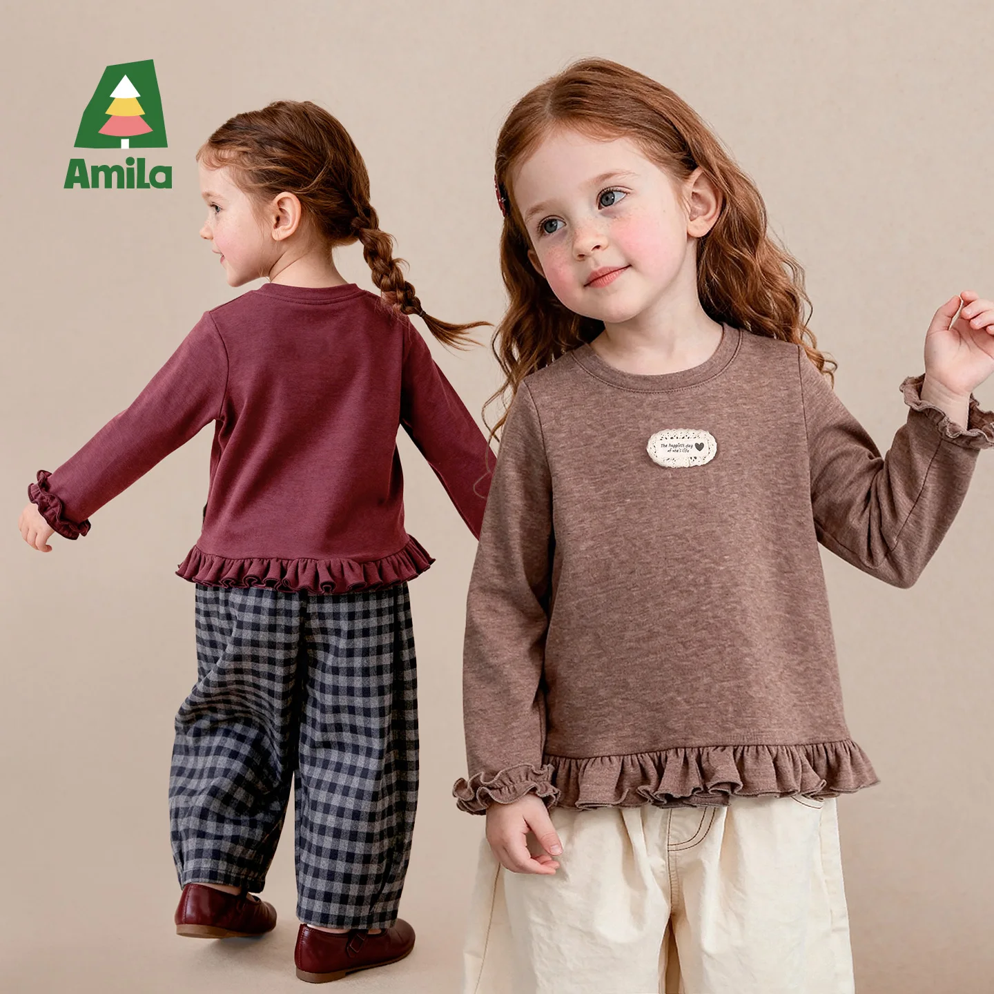 Amila 2026 Autumn New Kids T Shirt Round Neck Stacked Ruffle Lace Lace Cloth Label Fashion Casual Comfortable Daily Long Sleeve