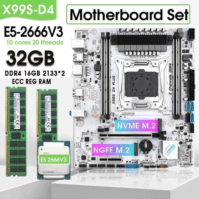 

Комплект материнской платы X99 D4 E5 2666 V3 2011 v3 Процессор LGA 2011-3 Комплект с 2X16=32 ГБ DDR4 ECC RAM Поддержка NVME M.2