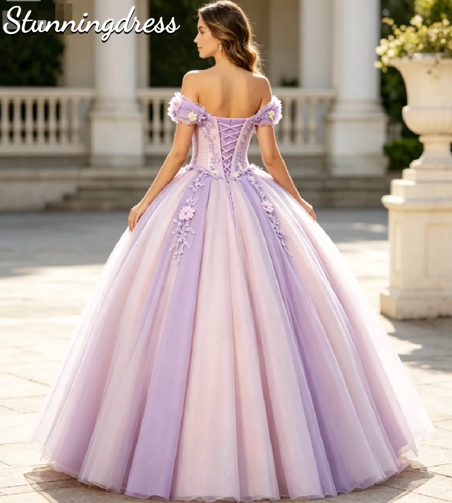 Princess Lavender Quinceanera Dress Gradient Tulle Off Shoulder 3D Floral Lace Corset Sweet 16 Dress Debutante Birthday Party