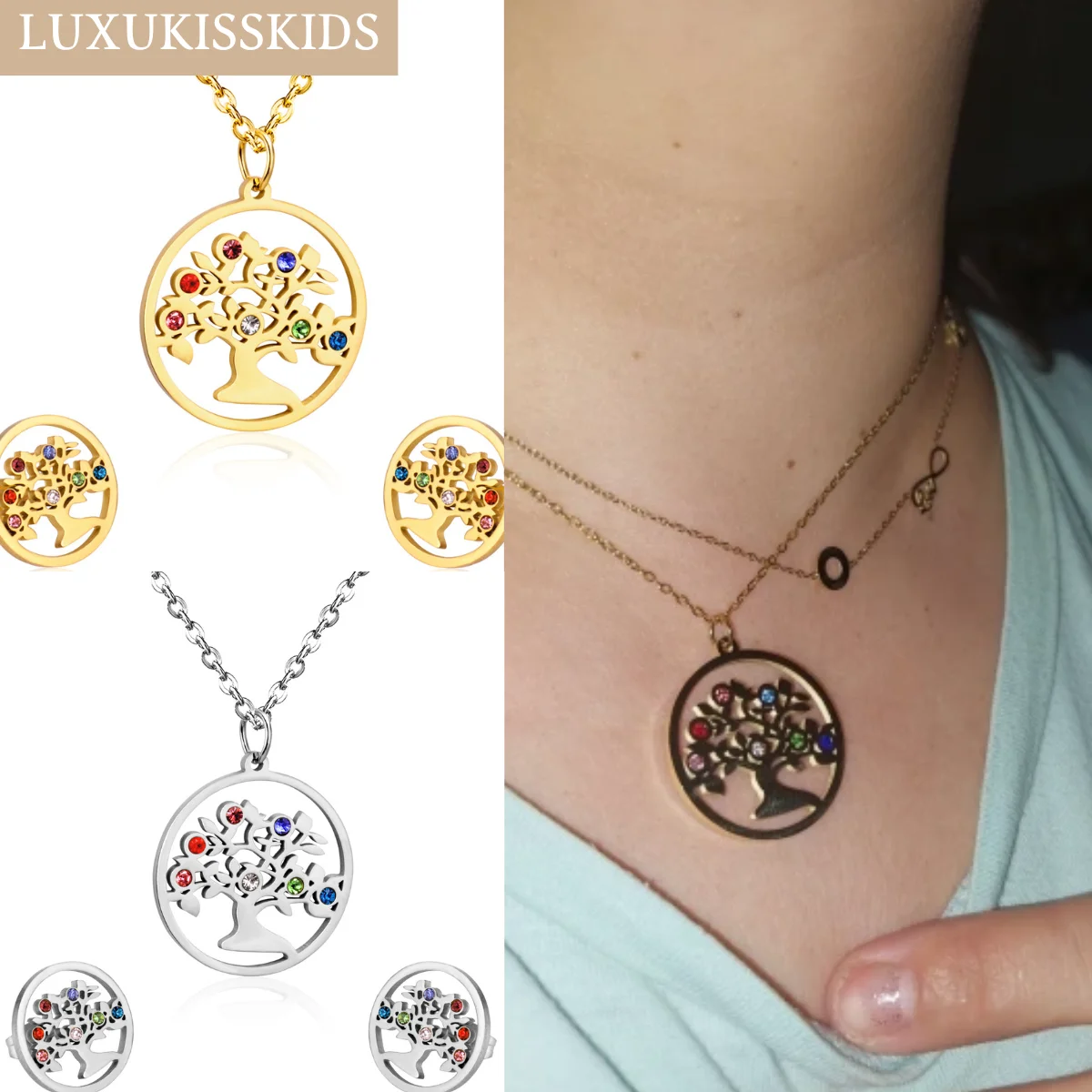 LUXUKISSKIDS-Conjunto de Jóias Big Tree of Life para Homens e Mulheres, Encantos Punk, Pingente Redondo, Colar, Brincos, Dubai, Dourado, Hippie