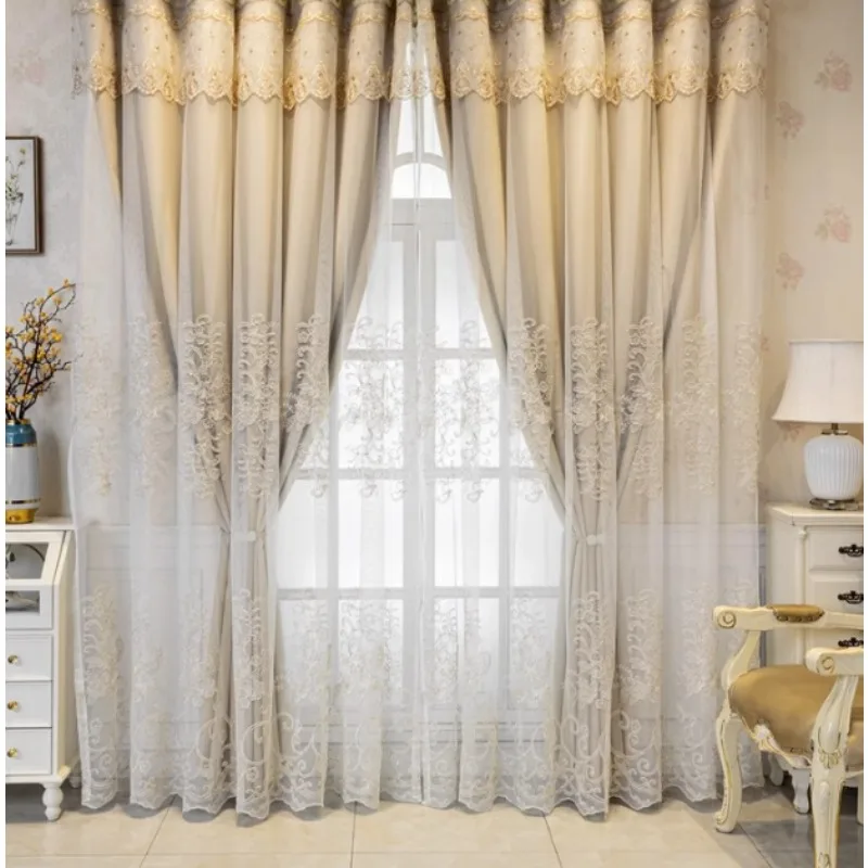Embossed European Double-layer Embroidered Curtains with Blackout Fabric and Integrated Living Room, Bedroom, Balcony Curtains