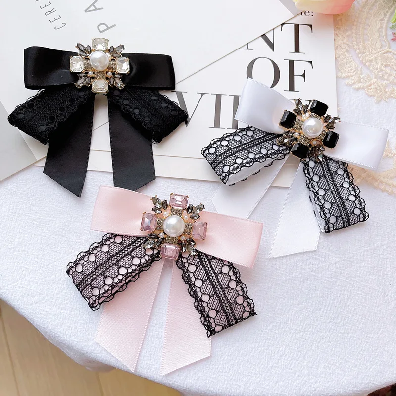 Korean Women's Lace Bow Ties College Style Suits Shirt Accessories Handmade Jewelry Cross Pearl Rhinestone Butterfly Bows Brooch