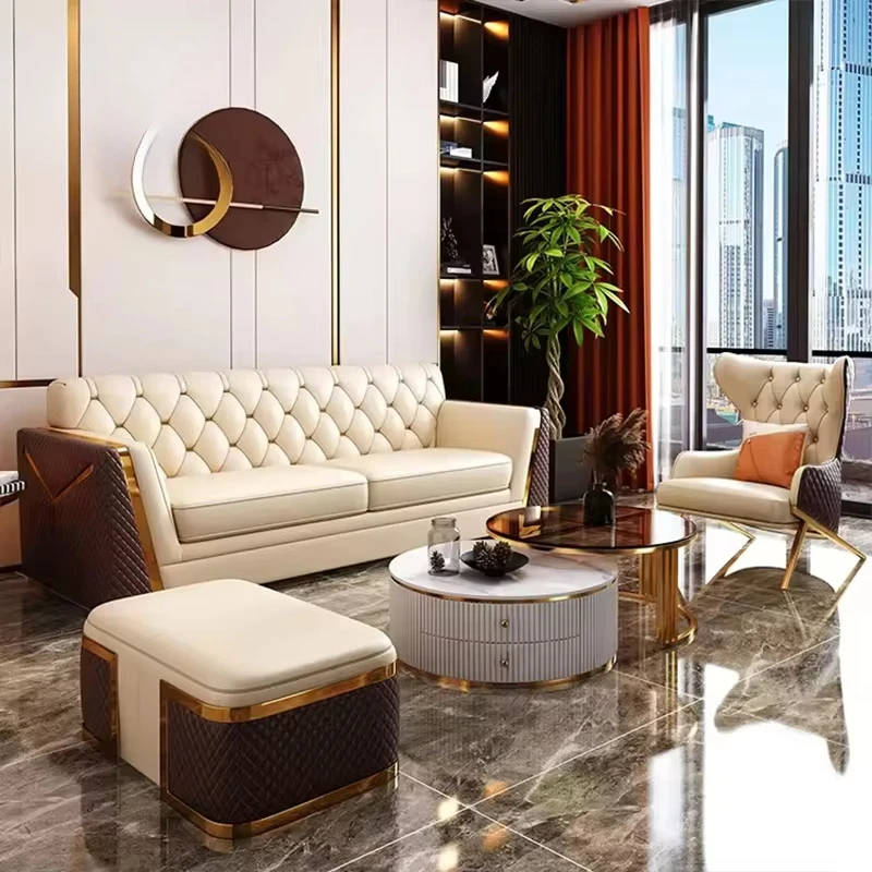 

# Modern Luxury White Leather Chesterfield Sofa Set for Living Room Custom Manufacturer's Couch for Hotels Villas Filled Sponge