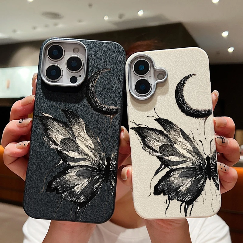 Ink Color Butterfly Case For iPhone 16 Pro Max Coque iPhone 11 12 13 14 15 Pro Max SE Luxury Leather Texture Soft Silicone Cover
