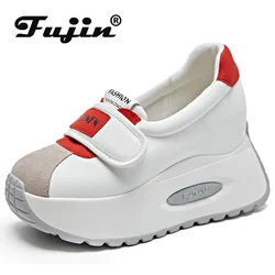 Fujin 8cm Synthetic Leather Loafer Fashion Comfy Summer Microfiber Chunky Sneakers Women Vulcanize Platform Wedge Hook Shoes