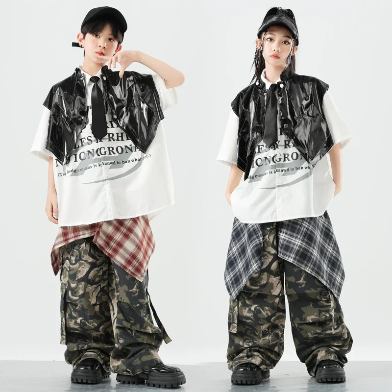 Ragazzi K-pop Street Dance Polo Tshirt Pu Vest Pantaloni cargo Ragazze Hip Hop Camo Jogging Set di vestiti per bambini Bambini Jazz Streetwear