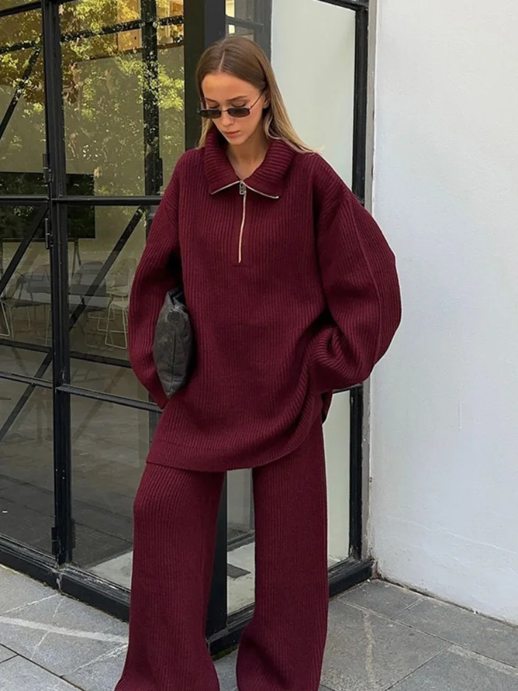 Casual Lapel Zipper Full Sleeve Pullover Sweater Suit Women Chic Solid Long Loose Pants Suits Winter Lady Knitted 2-piece Sets