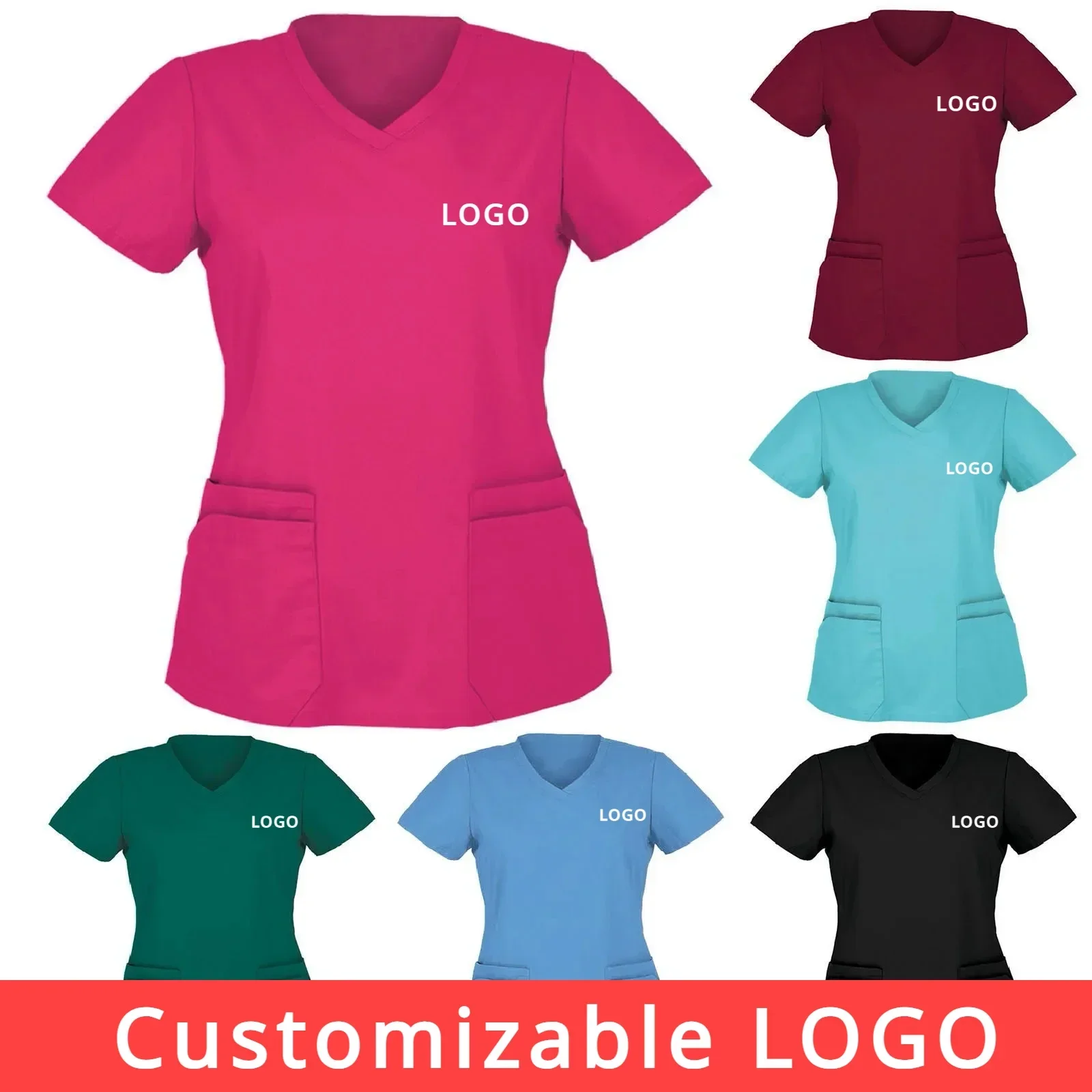 Customizable LOGO Nurse Uniform Women Short Sleeve Tunic Hospital Healthcare Workers Nursing Uniform Beauty Salon Spa Scrubs Top