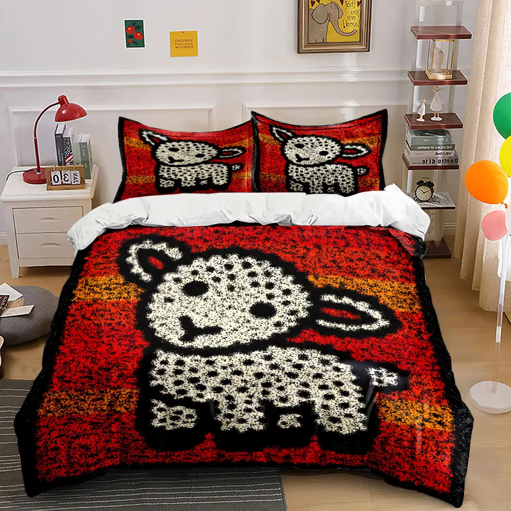 Cartoon white sheep on red background Printed Duvet Cover Set 1 Duvet Cover+2 Pillowcase Multi Size Bedroom Bedding Decor