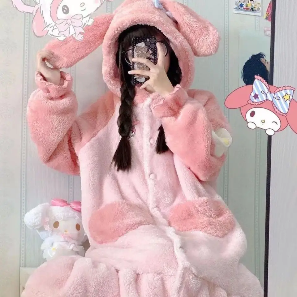 Sanrio Hello Kitty Cardigan Robe Fuzzy Kuromi Kawaii Anime Cartoon Girls Pajamas Wear Capes Cloaks Hooded Ponchos Couple Gifts