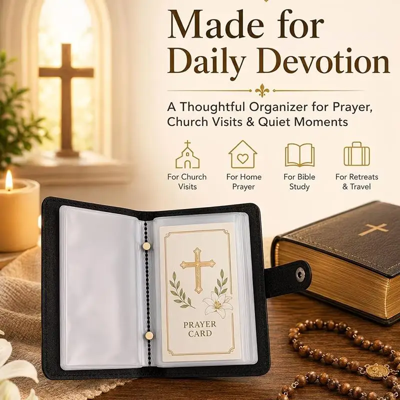 Leather Holy Card Holder Pocket Prayer Card Organizer With Snap Closure Waterproof Large Capacity Card Collection