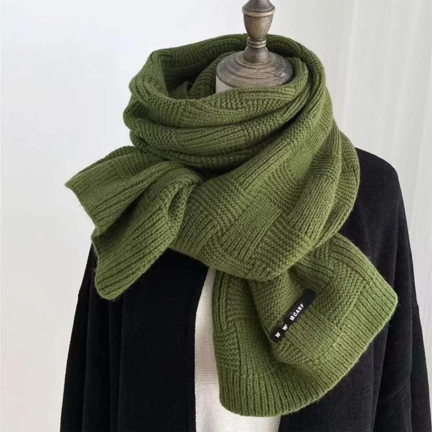 

Vintage Green Knitted Long Scarf For Women Scarves Lady Winter Thicken Warmer Soft Simple Shawls Wraps Female Pure Color Gift