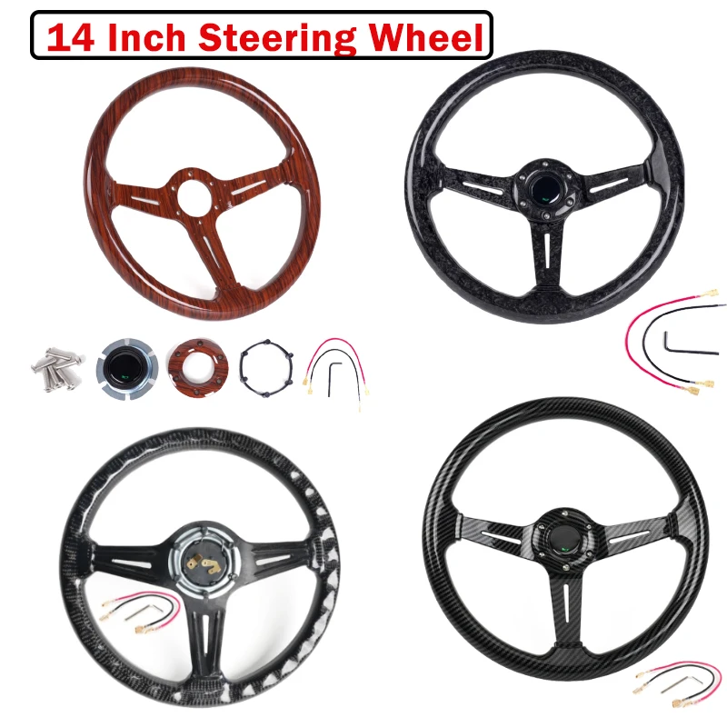

14-дюймовый винтажный стиль автомобильного руля с узором из углеродного волокна, алюминиевый сердечник, покрытие из АБС-пластика для улучшения управления вождением автомобиля