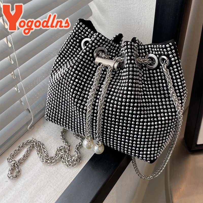 Yogodlns Fashion Rhinestones Shoulder Bag Women Drawstring Bucket Crossbody Bag Luxury Crossbody Bag Fashion Lady Handbag sac