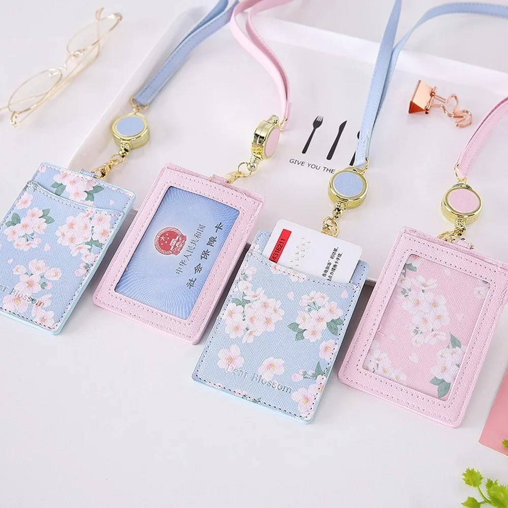 Cherry Flowers PU Identification Badge Holder Work Nurse Pass Bus Card Cover ID Name Badge Card Case for Staff with Lanyard