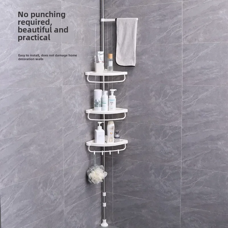 Stainless steel ceiling bathroom rack, bathroom retractable corner storage rack, no drilling corner storage rack