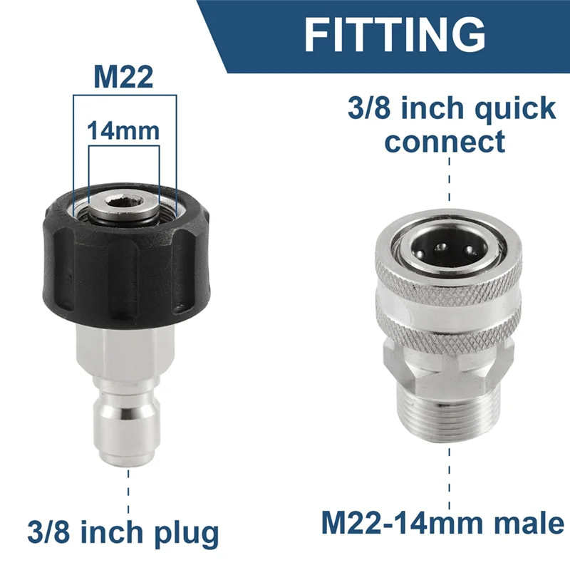 Stainless Steel Pressure Washer Quick Connect Kit,M22 14mm to 3/8In Quick Connect,3/4In to 1/2In Quick Release Adapter