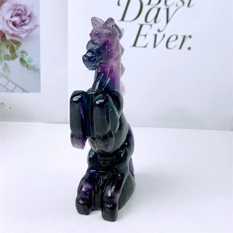 Natural Rainbow Fluorite Horse Carving Statue Carved Crafts Animal Polished Healing Figurine Home Ornament DIY Gift