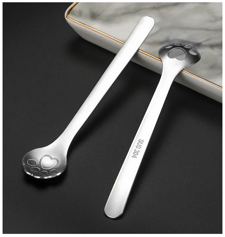 304 Stainless Steel Spoon Creative Cute Cat Claw Peanut Butter Hollow Spoon Long Handle Tableware Coffee Spoons Accessories