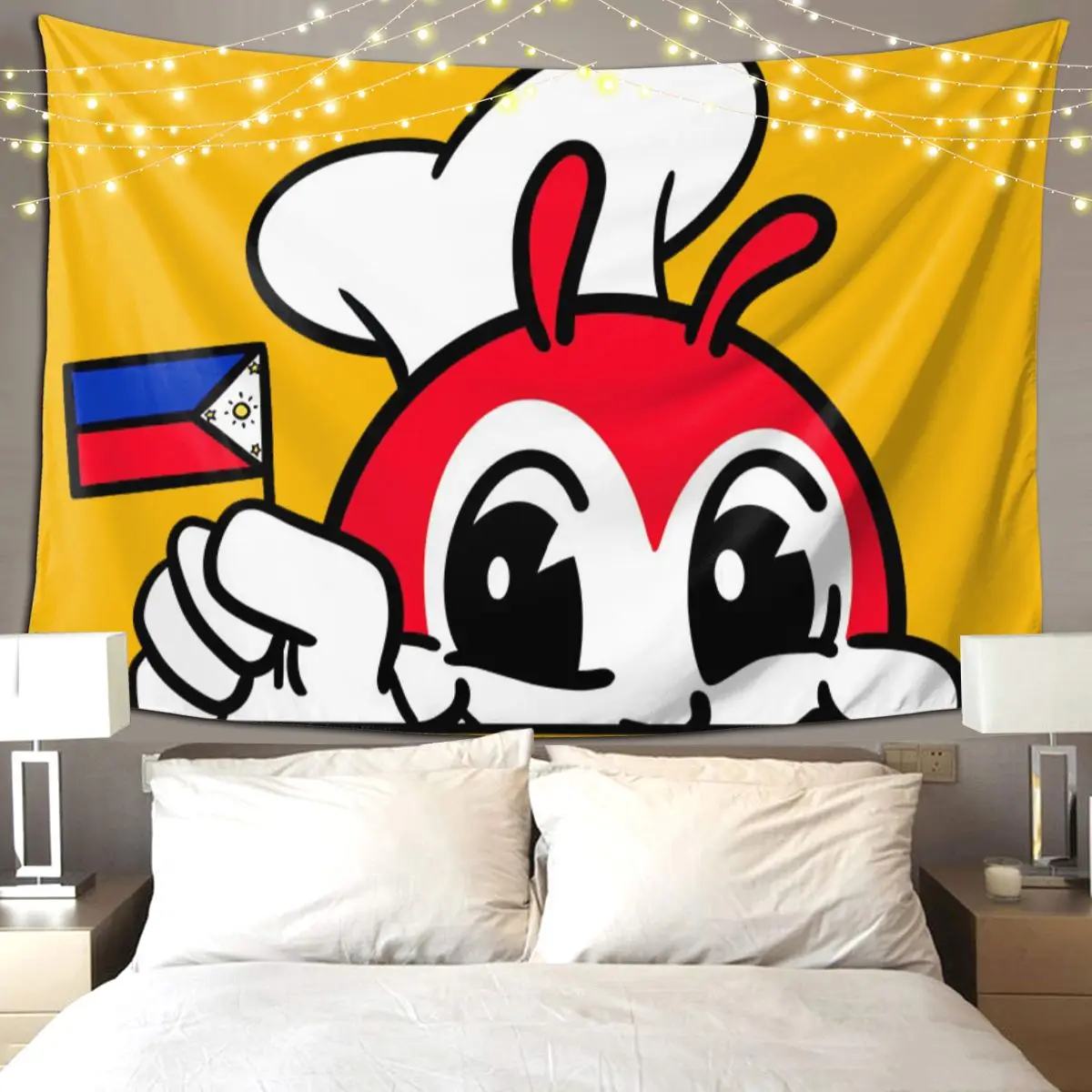 

JOLLIBEE PEEKING PHILIPPPINE FLAG FILIPINO CAP Tapestry Art Wall Hanging Aesthetic Home Decor Tapestries for Living Dorm Room