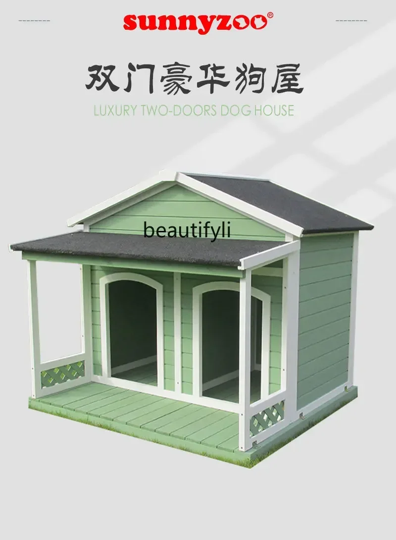 NQ Dog House Outdoor Dog House Solid Wood Pet Cat Nest Double Door Villa Balcony Waterproof and Warm