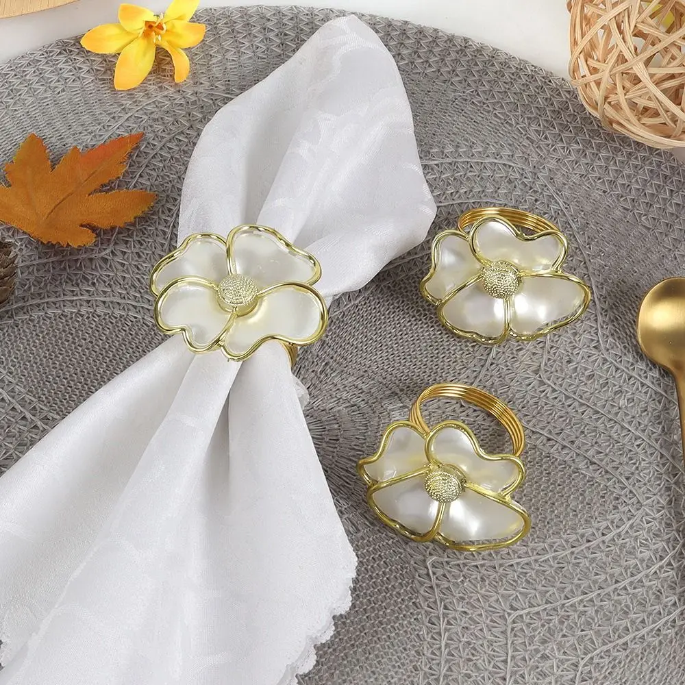 6 pcs Gold, White Flowers Napkin Ring Holders Acrylic 2.3'' Phnom Penh Flower Napkin Button Flower Flower Shaped Napkin Ring - view 4