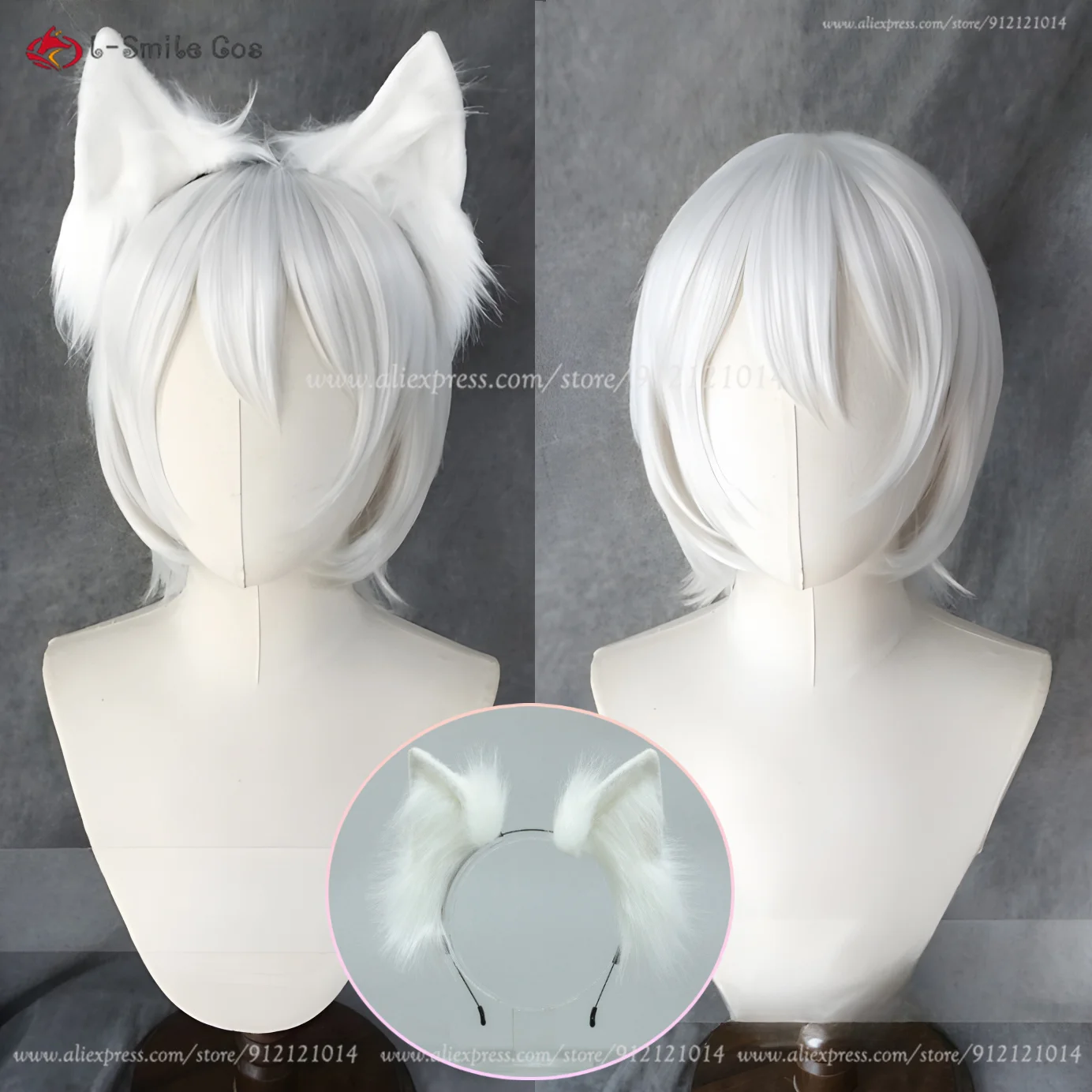 Anime Tomoe Cosplay Wig Short Silver White Unisex Wig With Fox Ears Heat Resistant Hair Halloween Wigs + Wig Cap