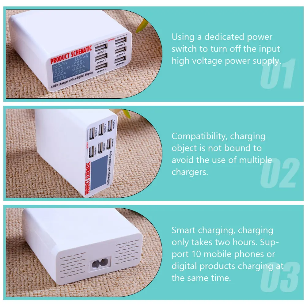 

6 Ports USB Charger LCD Screen Multi Port Power Adapter Smart Charging Station Safe Multiple Device Charging Eu Plug