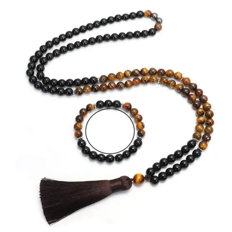 

Natural Black Obsidian & Tiger Eye 108 Beads Mala Necklace & Bracelet Set with Brown Tassel Healing Crystal Jewelry
