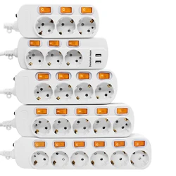 Tomada Elétrica Inteligente com Plug UE, Power Strip Surge Protector, Cabo de Extensão, Filtro de Rede Doméstica, 2USB, 5V, 2A, 1.5 m, 2.5m