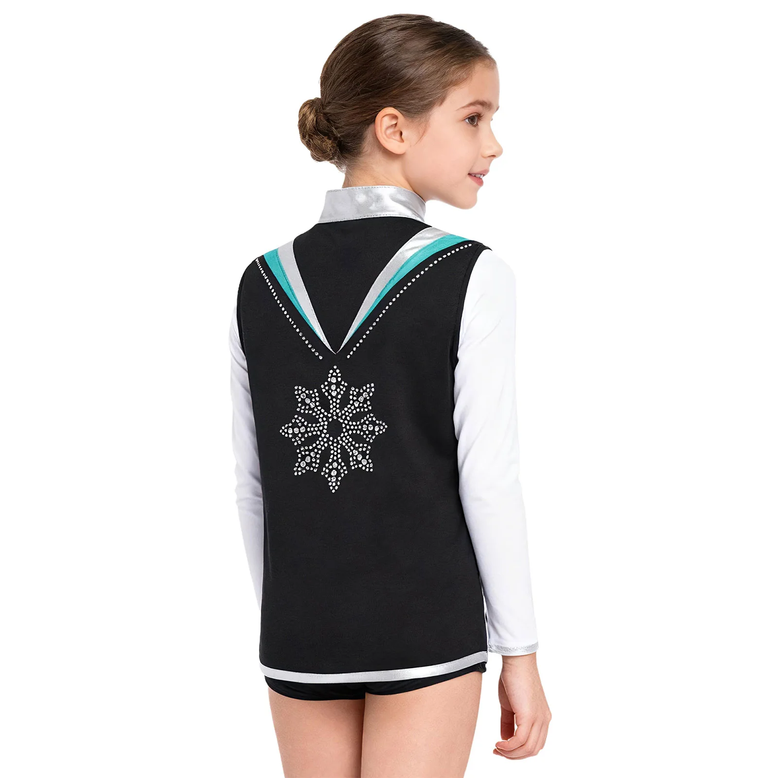 Chaleco de baile de patinaje artístico para niños y niñas, camiseta sin mangas con cuello levantado, copo de nieve brillante, Ballet, Yoga, entrenamiento de baile, práctica