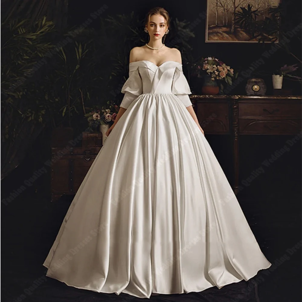 Quality Satin Women Wedding Dresses Smooth One-Shoulder Bridal Gowns New Formal Fluffy Skirt Hems Floor Mopping Vestido De Novia