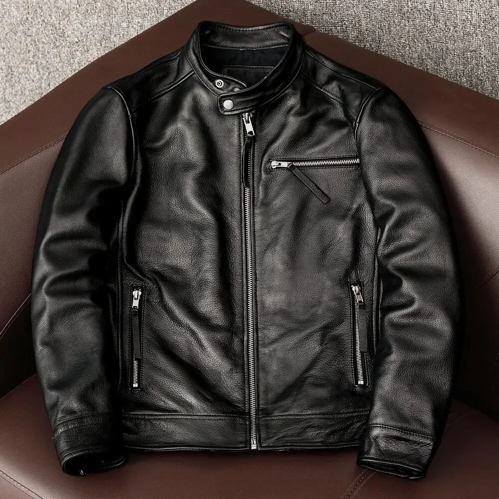 

Men's Spring Jacket Motorcycle Jackets Man Genuine Leather Blazer Slim Fashion Biker Coat Cowhide Male Clothing