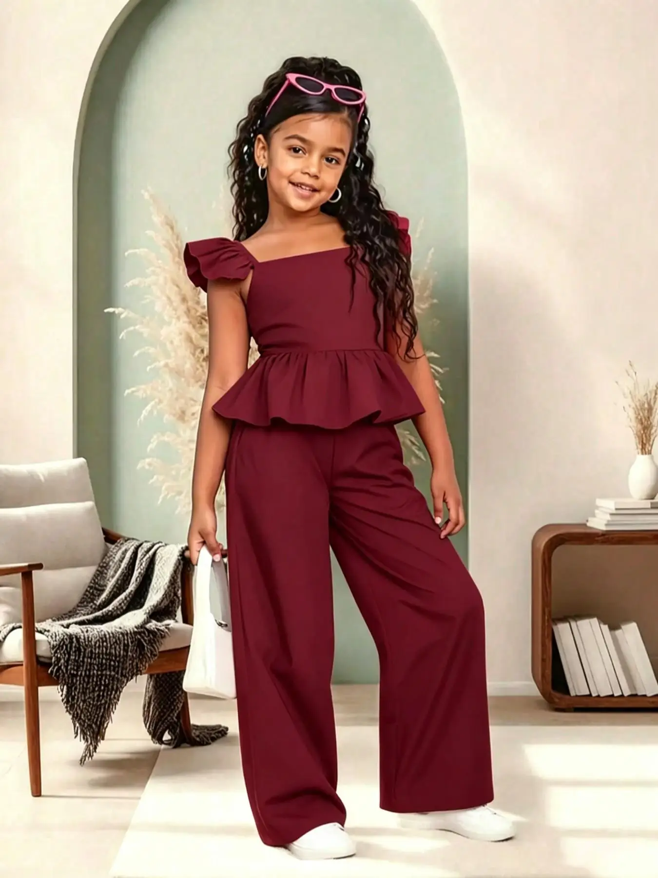 Mädchen-Jumpsuit mit Schößchen und weitem Bein, lässiger Jumpsuit mit quadratischem Ausschnitt, schmale Passform, All-in-One-Design, bequem für den Alltag, für Wochenendausflüge – Detail 3