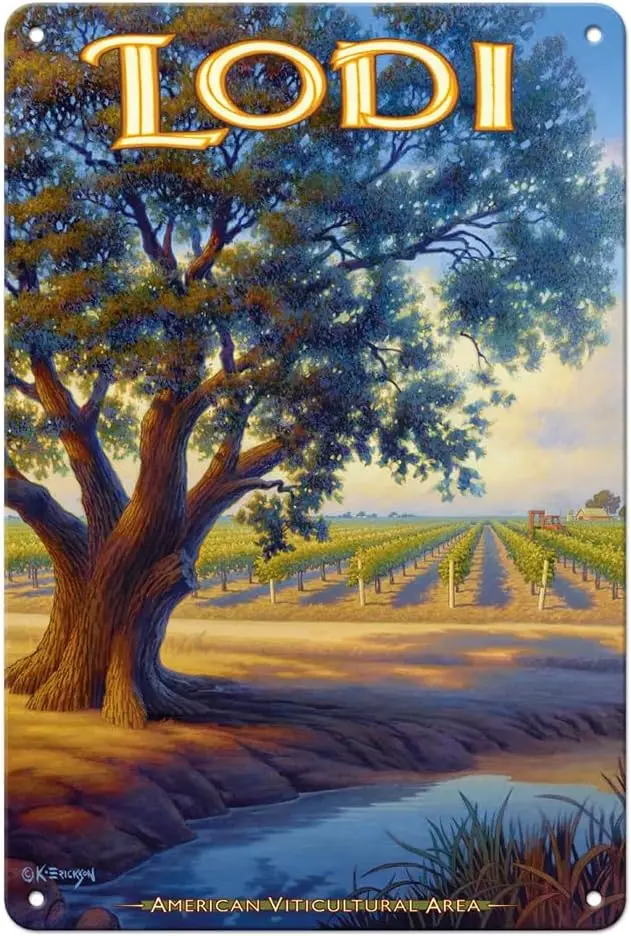 Vignedos de Lodi - Valley Oak (Quercus lobata) - Arte del campo del vino de California de Kerne Erickson - Letrero vintage de 8 x 12 pulgadas