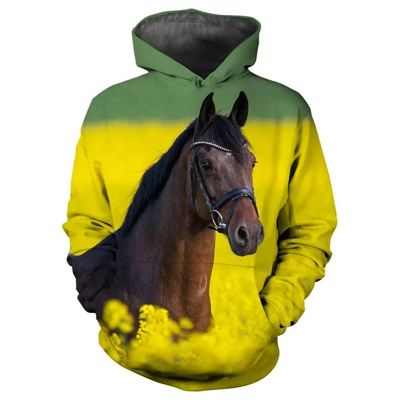 New Horse 3D Print Hoodies Women Men Fashion Streetwear Casual Hoodie Oversized Pullovers Hooded Sweatshirts Kids Tops Clothing