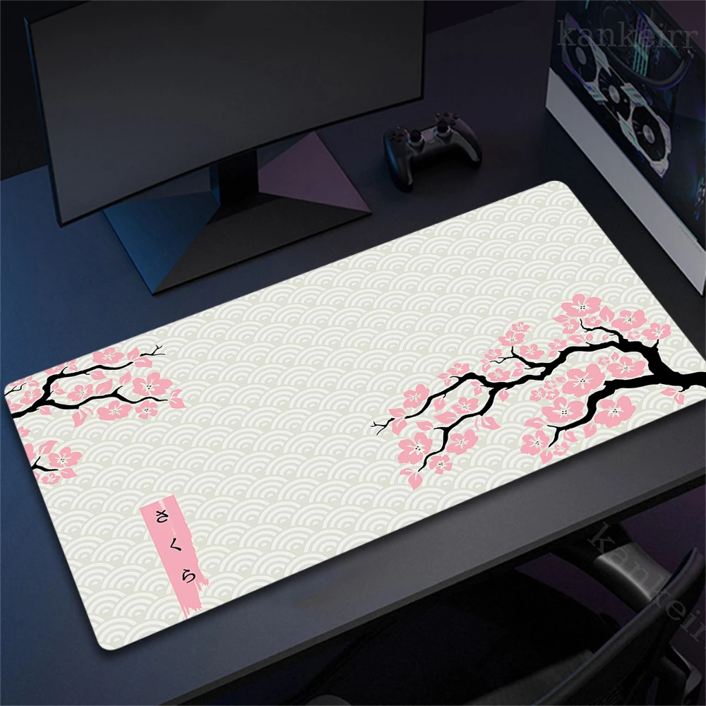 สีชมพูและสีขาว SAKURA Mouse Pad ขนาดใหญ่ Gamer Mousepad แป้นพิมพ์เสื่อเมาส์สํานักงาน 90x40 ซม.ยาง Pad Pad Design Art Deskmat