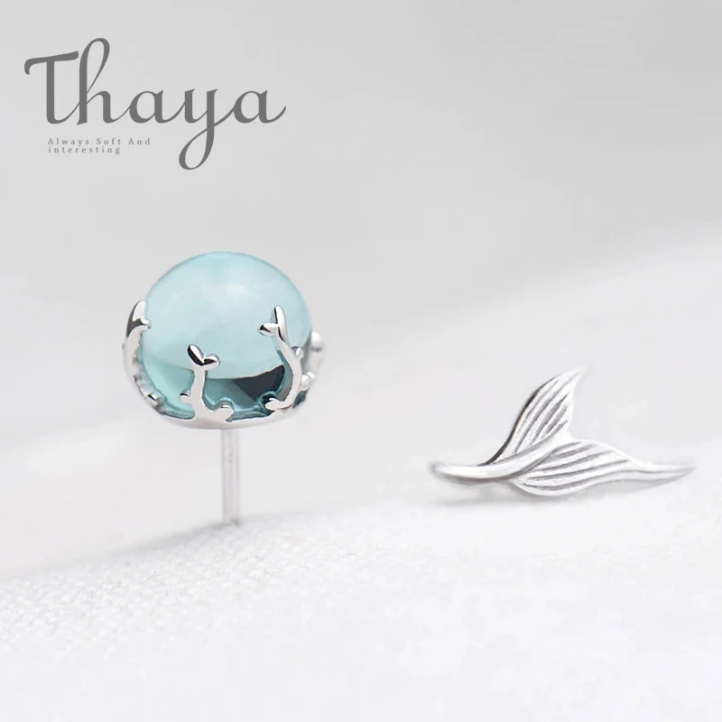 Thaya Mermaid Bubble Studs Earrings S925 Silver Blue Crystal Earrings Seaweed Cushion fishtail Earring for Women jewelry Female