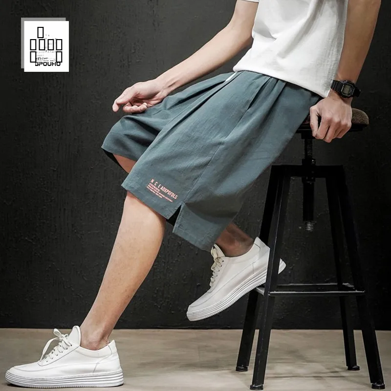 

Льняные хлопковые мужские летние спортивные повседневные шорты-бриджи свободного кроя больших размеров с прямыми штанинами и функцией быстрого высыхания