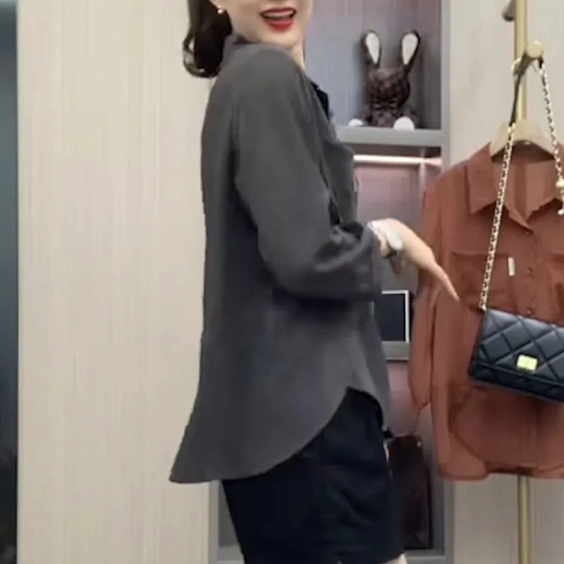 Summer Women's 2024 New Spliced Polo Collar Button Pocket Fashion Solid Color Loose Minimalist Casual Long Sleeve Blouses Shirts