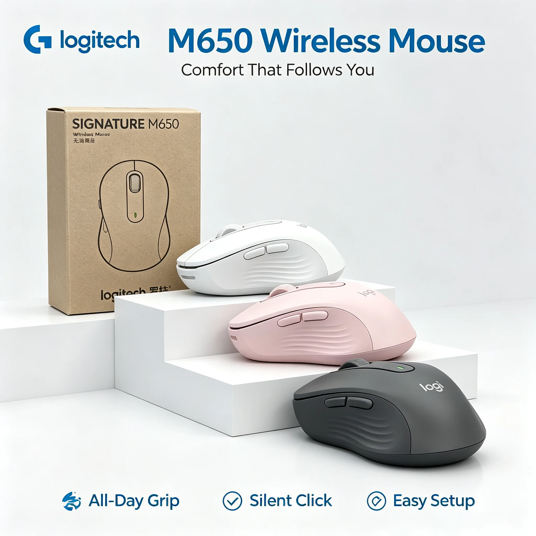 Logitech M650 Ergonomic Comfort Wireless Mouse Silent Click Precise Tracking For Home Office