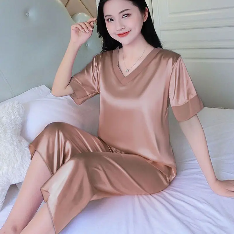 Large Size Pajamas Female Summertime Thin Sweet Lace Lace Ice Silk Solid Color Two-piece Suit Loungewear Loungewear Women