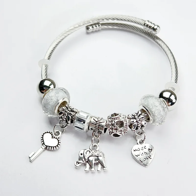 Adjustable Silver Color Alloy Elephant Heart Pendant Artificial Zircon Bangle Round Bead Bracelet Cuff for Women Elegant Wedding