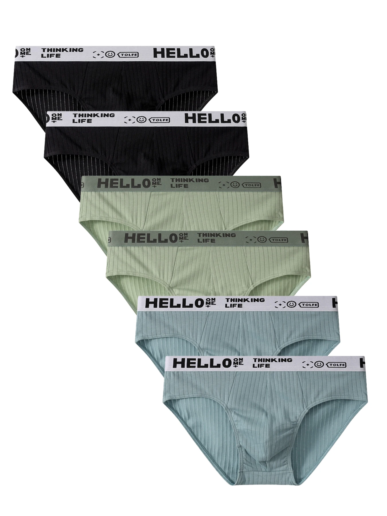 

Men's 6-Pack Cotton Briefs - Ribbed Texture, "HELLO" Logo Waistband, Assorted Black, Sage Green & Light Blue Underwear Set