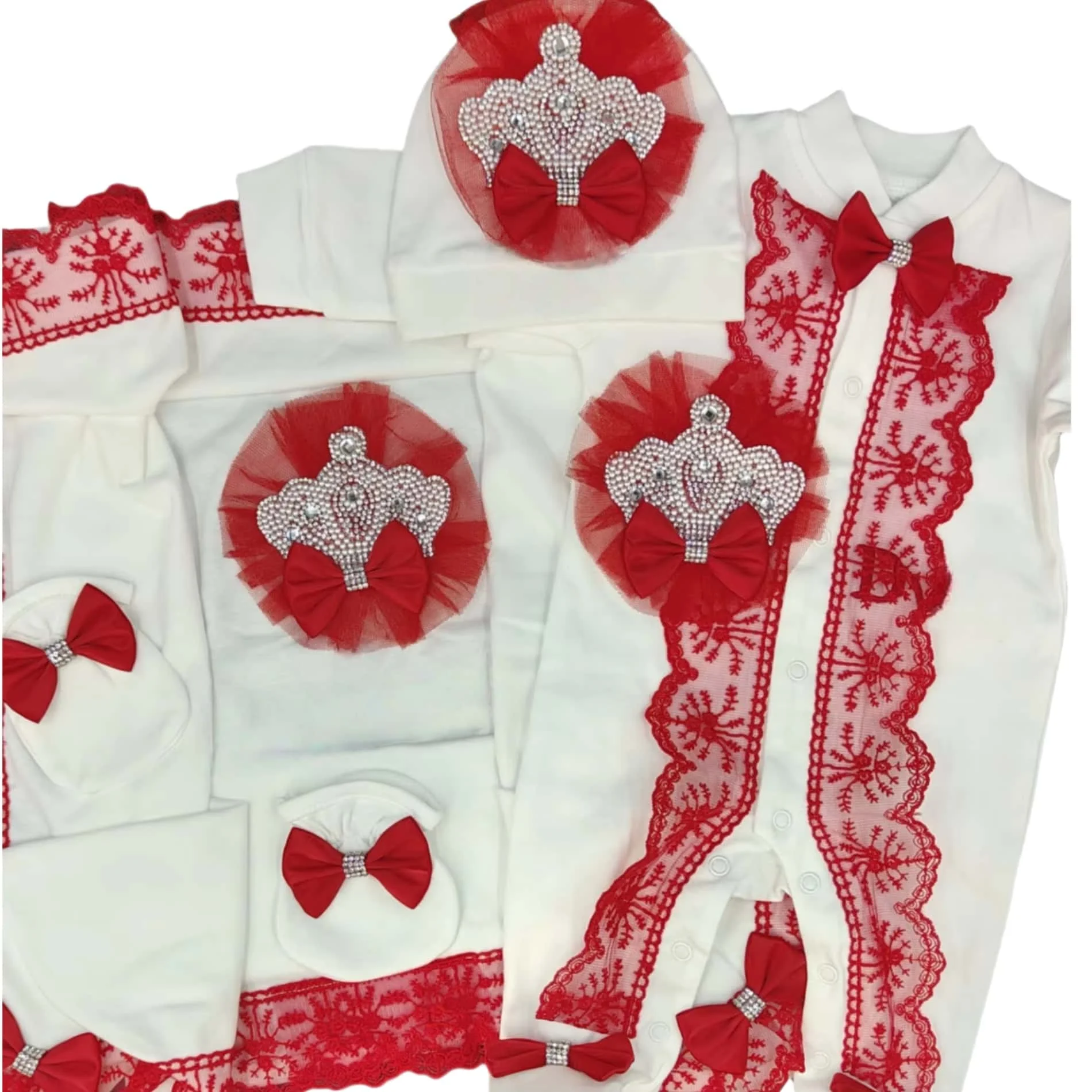 Red Handmade Name Personalized Baby Girl Newborn Jewels Crown  Take Me Home Layette 5 Piece Deluxe Gift Set